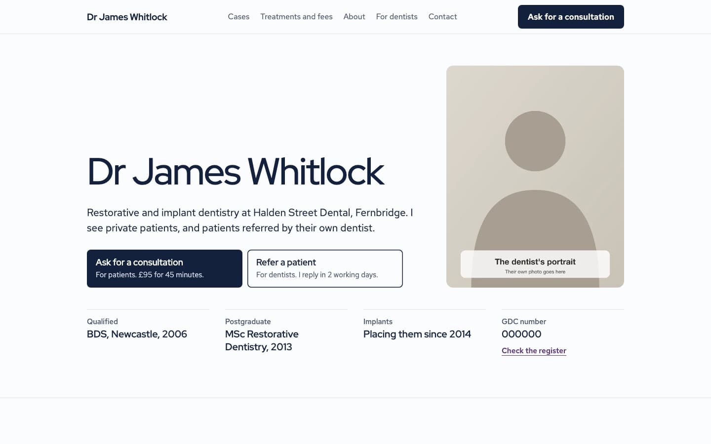 The top of the demo homepage for a made-up implant dentist: his name set large, buttons for patients and for referring dentists, his qualifications, and a grey card where the portrait goes. In Plum.