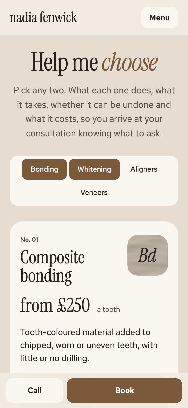 The demo on a phone at “Help me choose”: buttons to pick two treatments, then a card for each with what it involves and the price. In Champagne.