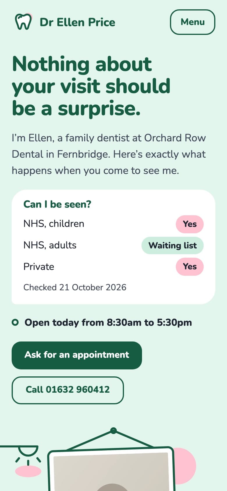The same homepage on a phone, with the headline, the "Can I be seen?" panel and the appointment buttons. In Mint.